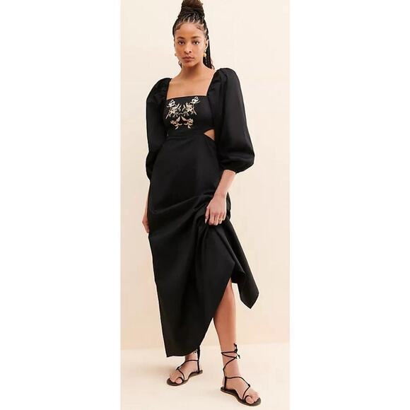 Anthropologie Especia Wallis Black Embroidered Boho Event Maxi Stretch Dress M - Picture 5 of 16